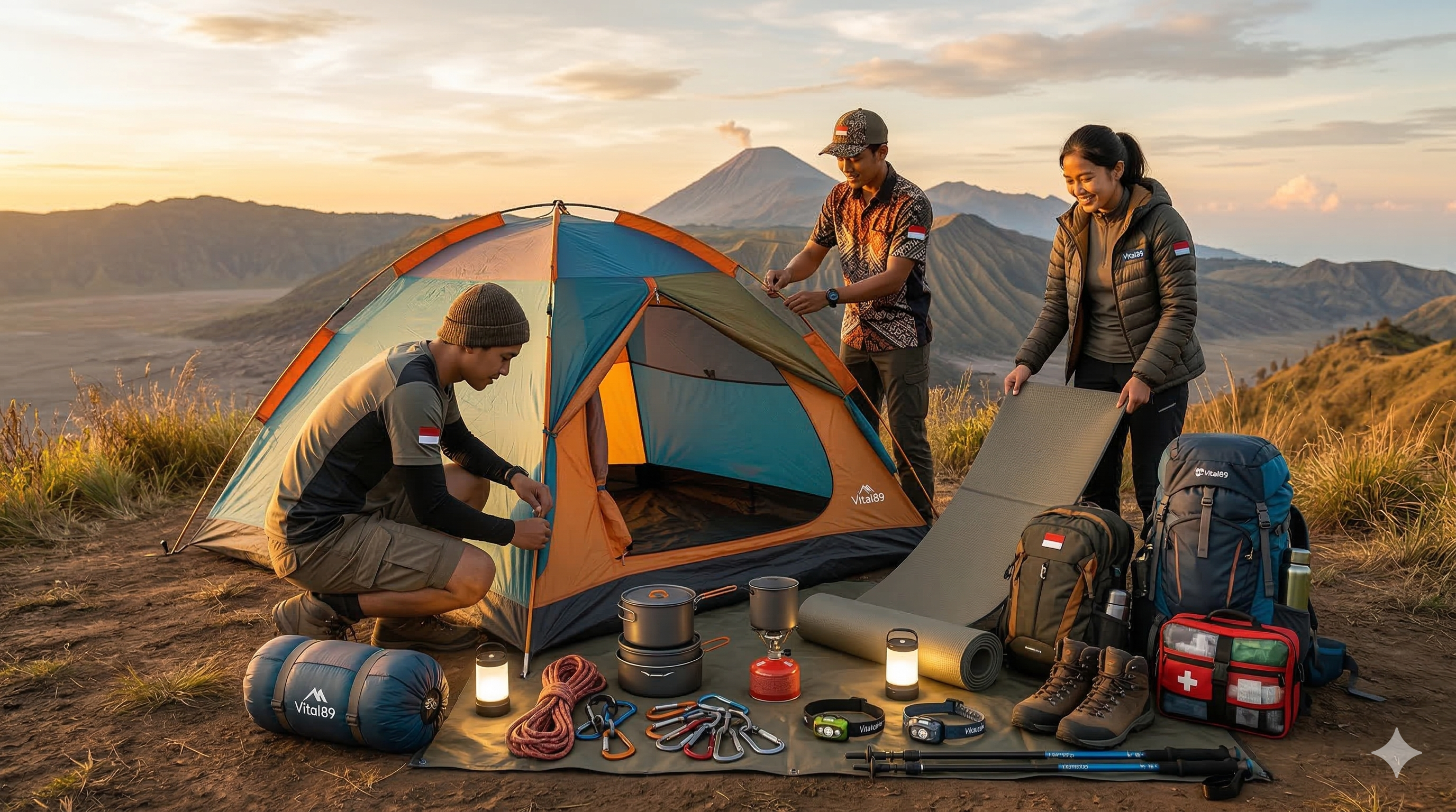 petualang menyiapkan perlengkapan camping di alam terbuka