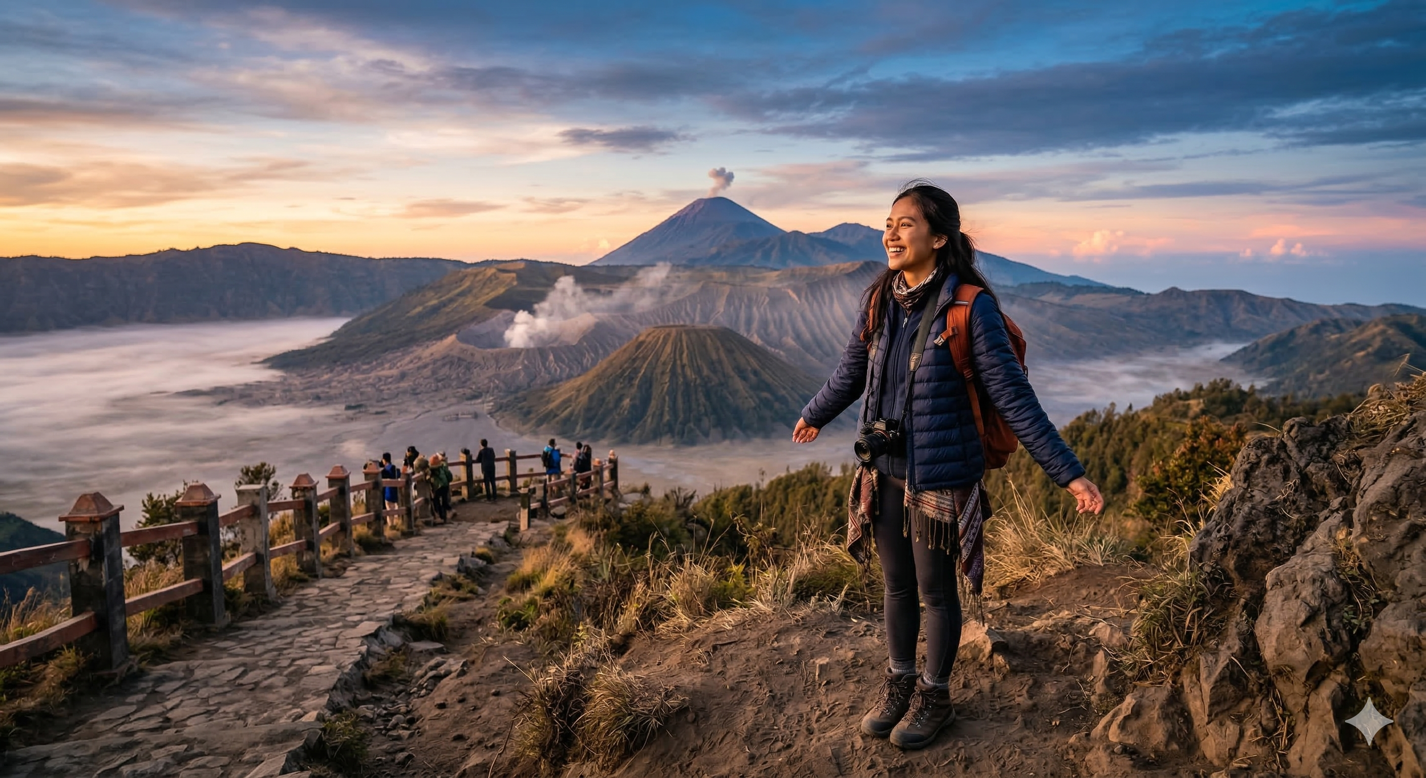 pemandangan gunung bromo dengan lautan pasir dan kawah aktif