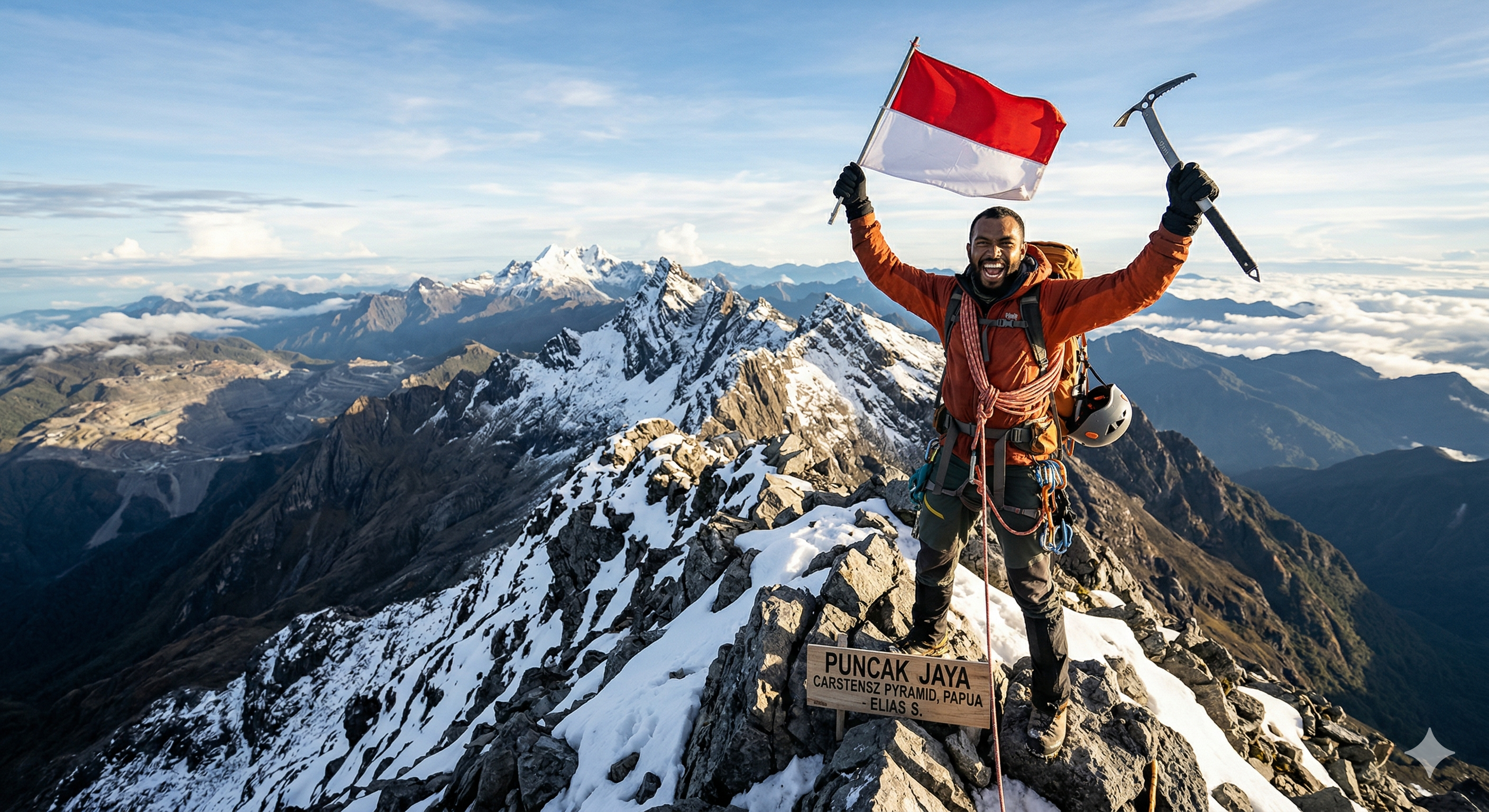 pria solo mendaki puncak jaya papua dengan latar pegunungan bersalju